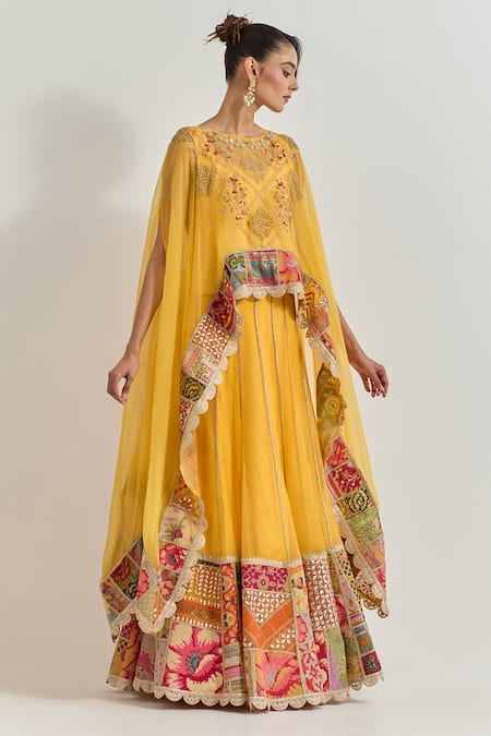 Kavita Bhartia_Yellow Organza Embroidery Round Neck Lehenga Set _Online_at_Aza_Fashions