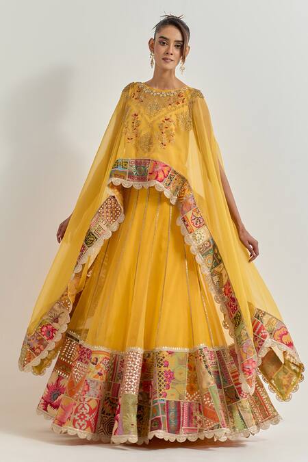 Buy_Kavita Bhartia_Yellow Organza Embroidery Round Neck Lehenga Set _Online_at_Aza_Fashions
