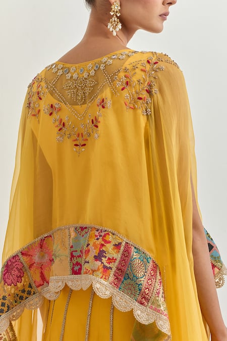 Shop_Kavita Bhartia_Yellow Organza Embroidery Round Neck Lehenga Set _Online_at_Aza_Fashions