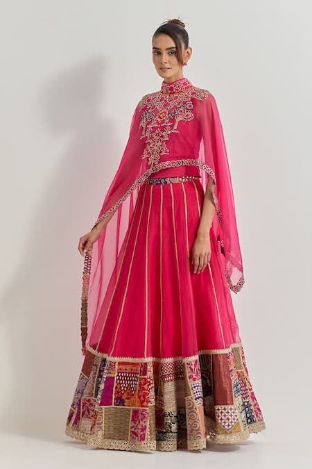 Buy Kavita Bhartia Fuchsia Organza Patchwork, Embroidery, Zari, Lace, Mirrors High Cape Lehenga Set Online at Aza Fashions Buy_Kavita Bhartia_Fuchsia Organza Patchwork, Embroidery, Zari, Lace, Mirrors High Cape Lehenga Set _Online_at_Aza_Fashions
