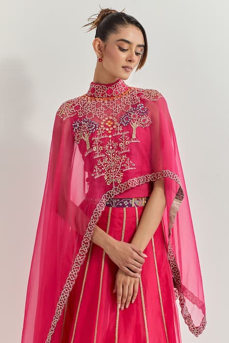 Kavita Bhartia Fuchsia Organza Patchwork, Embroidery, Zari, Lace, Mirrors High Cape Lehenga Set at Aza Fashions Kavita Bhartia_Fuchsia Organza Patchwork, Embroidery, Zari, Lace, Mirrors High Cape Lehenga Set _at_Aza_Fashions