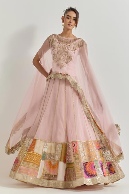 Kavita Bhartia Pink Organza Patchwork, Embroidery, Sequins, Hand Embellished Lehenga Set 