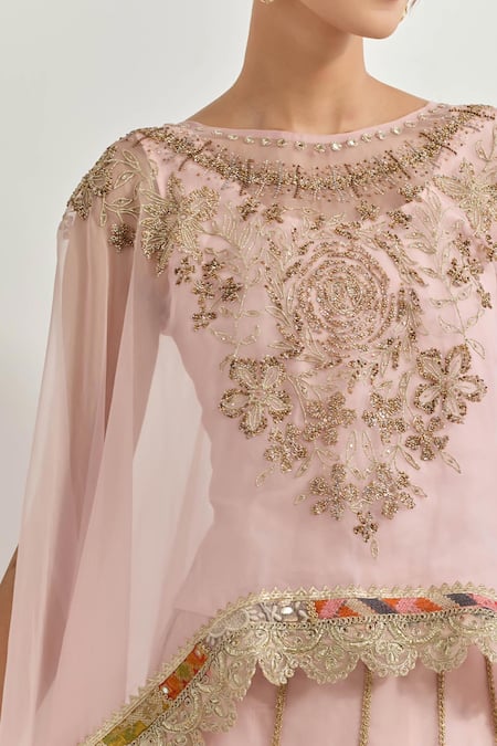 Buy_Kavita Bhartia_Pink Organza Patchwork, Embroidery, Sequins, Hand Embellished Lehenga Set _Online_at_Aza_Fashions