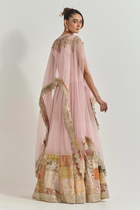 Shop_Kavita Bhartia_Pink Organza Patchwork, Embroidery, Sequins, Hand Embellished Lehenga Set _Online_at_Aza_Fashions