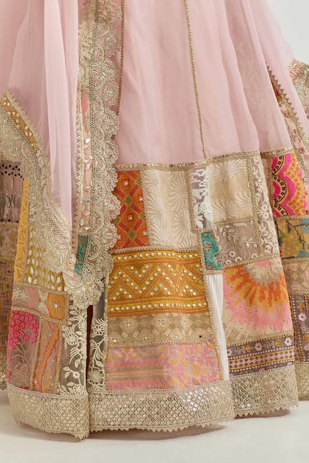 Kavita Bhartia_Pink Organza Patchwork, Embroidery, Sequins, Hand Embellished Lehenga Set _at_Aza_Fashions