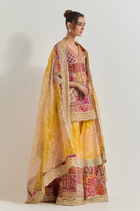 Kavita Bhartia Yellow Silk , Embroidery, Patchwork, Beads V-neck Sharara Set Online at Aza Fashions Kavita Bhartia_Yellow Silk , Embroidery, Patchwork, Beads V-neck Sharara Set _Online_at_Aza_Fashions