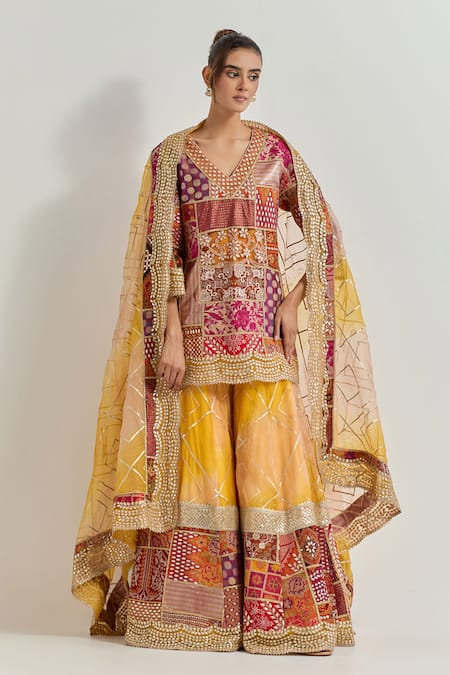 Kavita Bhartia Yellow Silk , Embroidery, Patchwork, Beads V-neck Sharara Set 