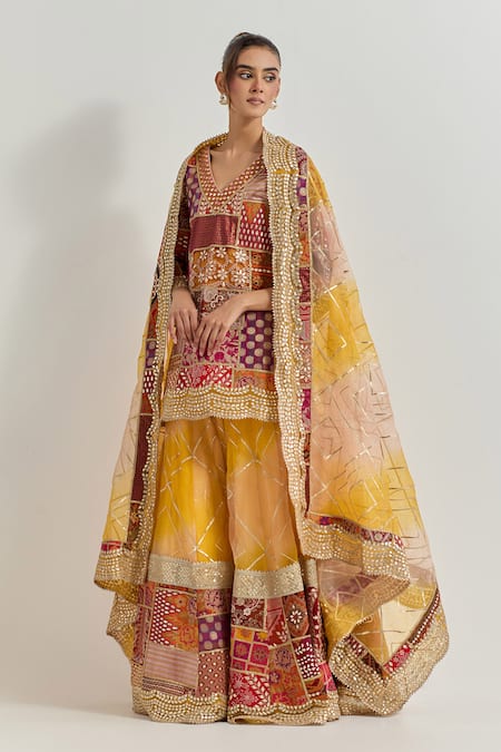 Buy Kavita Bhartia Yellow Silk , Embroidery, Patchwork, Beads V-neck Sharara Set Online at Aza Fashions Buy_Kavita Bhartia_Yellow Silk , Embroidery, Patchwork, Beads V-neck Sharara Set _Online_at_Aza_Fashions