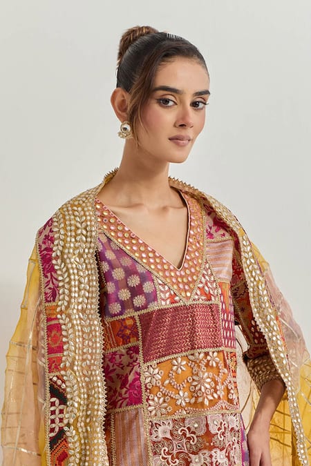 Shop Kavita Bhartia Yellow Silk , Embroidery, Patchwork, Beads V-neck Sharara Set Online at Aza Fashions Shop_Kavita Bhartia_Yellow Silk , Embroidery, Patchwork, Beads V-neck Sharara Set _Online_at_Aza_Fashions