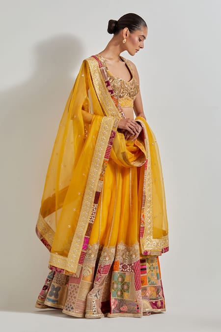 Kavita Bhartia_Yellow Organza Patchwork, Embroidery, Gota Patti, Patch Work Lehenga Set _Online_at_Aza_Fashions