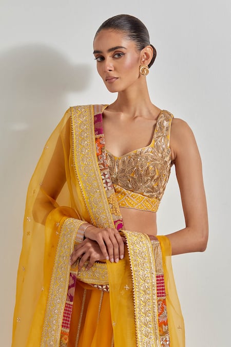 Buy_Kavita Bhartia_Yellow Organza Patchwork, Embroidery, Gota Patti, Patch Work Lehenga Set _Online_at_Aza_Fashions