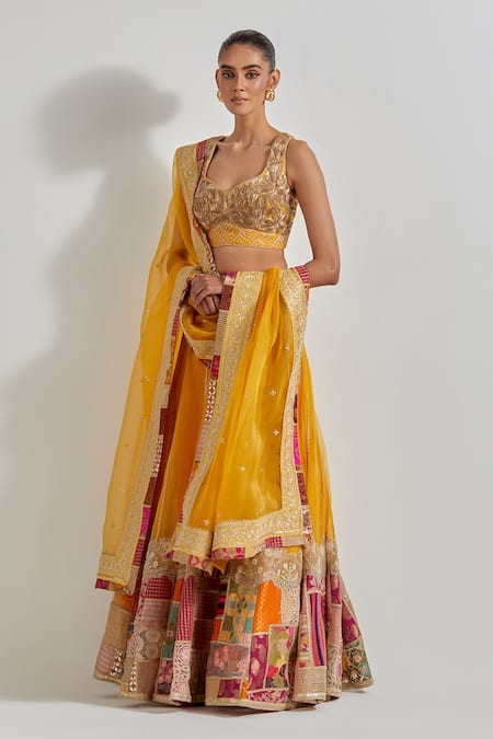 Shop_Kavita Bhartia_Yellow Organza Patchwork, Embroidery, Gota Patti, Patch Work Lehenga Set _Online_at_Aza_Fashions