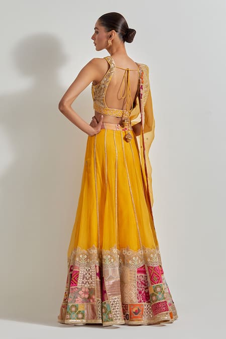 Kavita Bhartia Yellow Organza Patch Work Lehenga Set 