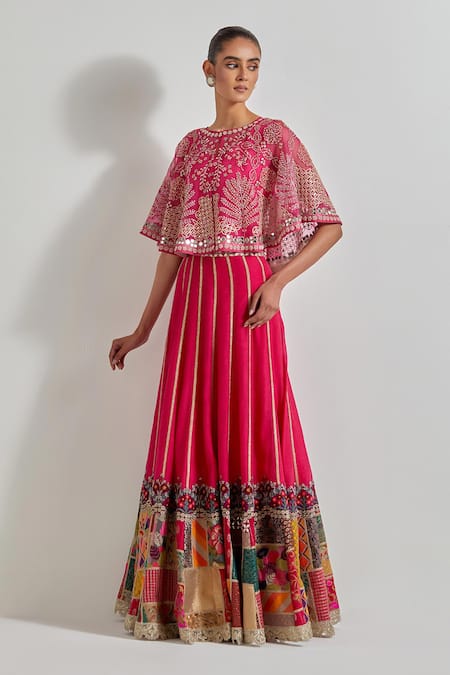 Kavita Bhartia_Fuchsia Organza, Chanderi Silk Embroidery, Patch Work Cape Lehenga Set _Online_at_Aza_Fashions