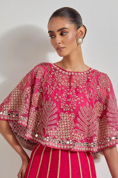 Buy_Kavita Bhartia_Fuchsia Organza, Chanderi Silk Embroidery, Patch Work Cape Lehenga Set _Online_at_Aza_Fashions