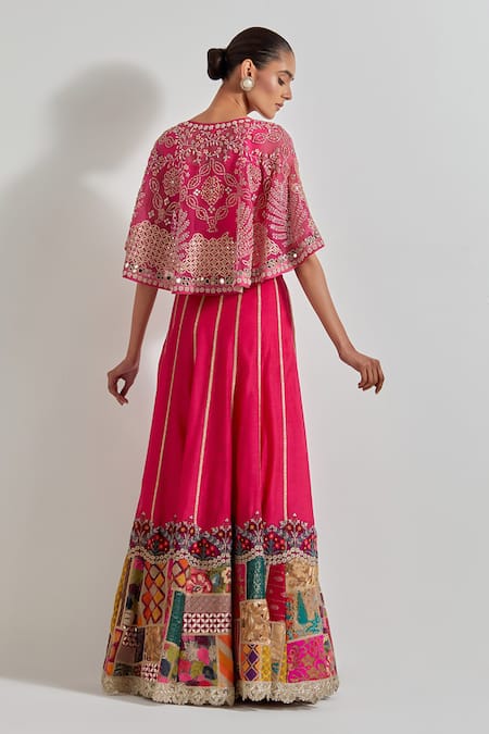 Shop_Kavita Bhartia_Fuchsia Organza, Chanderi Silk Embroidery, Patch Work Cape Lehenga Set _Online_at_Aza_Fashions