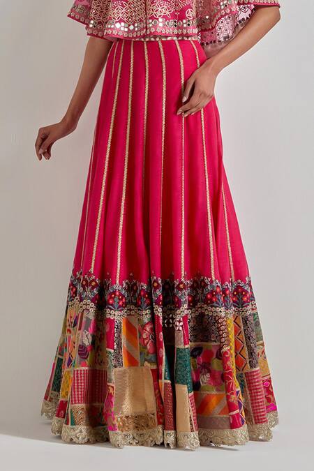 Kavita Bhartia_Fuchsia Organza, Chanderi Silk Embroidery, Patch Work Cape Lehenga Set _at_Aza_Fashions