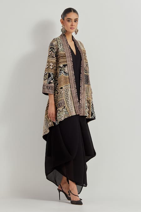 Buy_Kavita Bhartia_Black V-, Round Crinkle Georgette Dress And Jacket _Online_at_Aza_Fashions