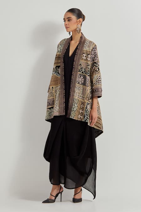 Shop_Kavita Bhartia_Black V-, Round Crinkle Georgette Dress And Jacket _Online_at_Aza_Fashions