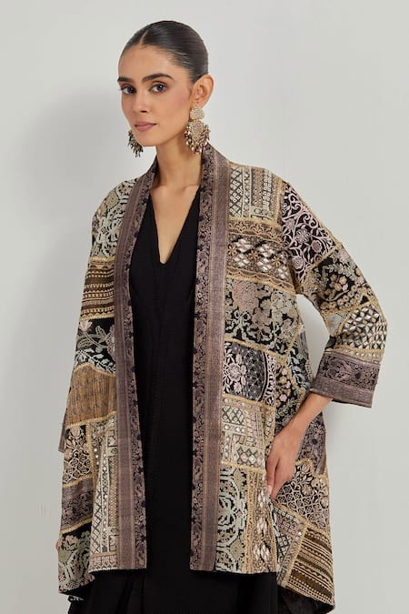 Kavita Bhartia_Black V-, Round Crinkle Georgette Dress And Jacket _at_Aza_Fashions