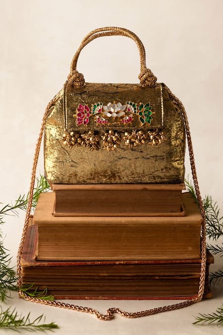 Bhavna Kumar Gold Embroidery Antique Kundan Embellished Tote Bag 