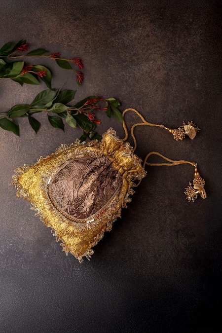 Bhavna Kumar_Gold Zari, Beads Zardozi Potli Bag With Sling Chain _Online_at_Aza_Fashions