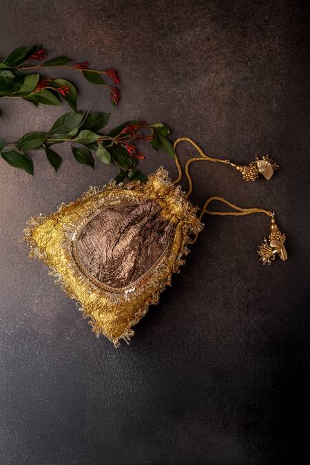 Buy_Bhavna Kumar_Gold Zari, Beads Zardozi Potli Bag With Sling Chain _Online_at_Aza_Fashions