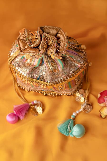 Bhavna Kumar_Gold Tassels, Metallic Thread Multicolor Embellished Potli Bag_Online_at_Aza_Fashions