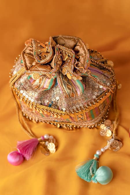 Buy_Bhavna Kumar_Gold Tassels, Metallic Thread Multicolor Embellished Potli Bag_Online_at_Aza_Fashions