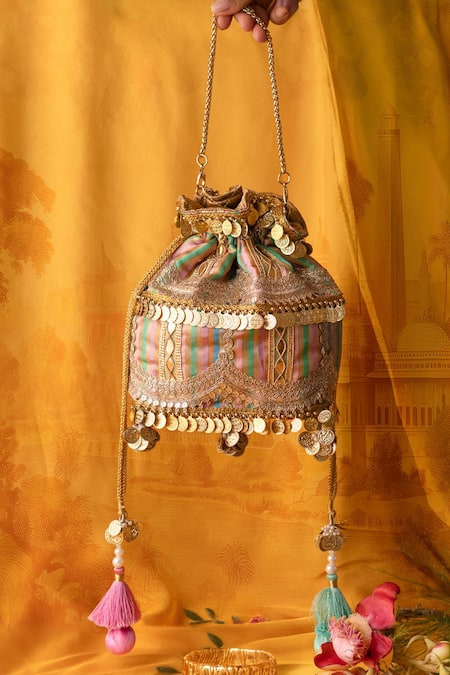 Bhavna Kumar Gold Tassels, Metallic Thread Multicolor Embellished Potli Bag 