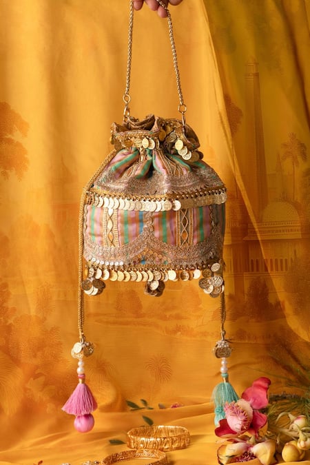 Shop_Bhavna Kumar_Gold Tassels, Metallic Thread Multicolor Embellished Potli Bag_Online_at_Aza_Fashions