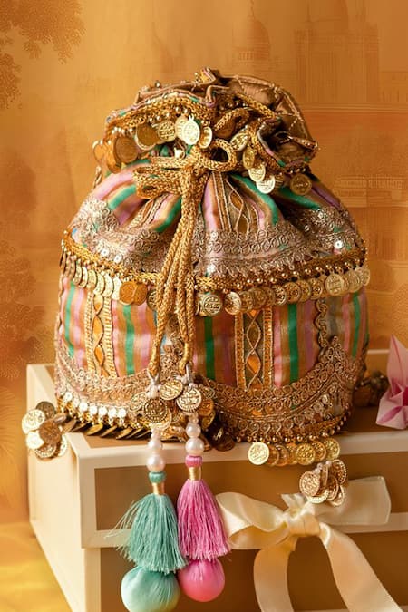 Bhavna Kumar_Gold Tassels, Metallic Thread Multicolor Embellished Potli Bag_at_Aza_Fashions