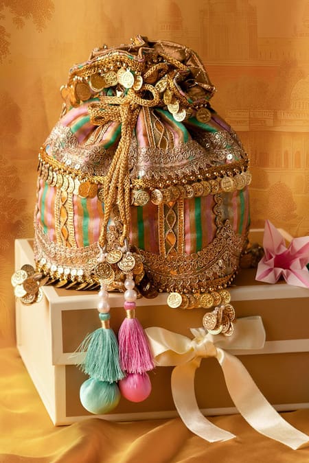 Buy_Bhavna Kumar_Gold Tassels, Metallic Thread Multicolor Embellished Potli Bag