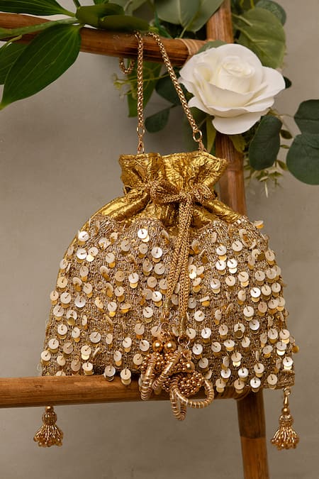 Bhavna Kumar Gold Sequined Potli Bag with Sling Chain 