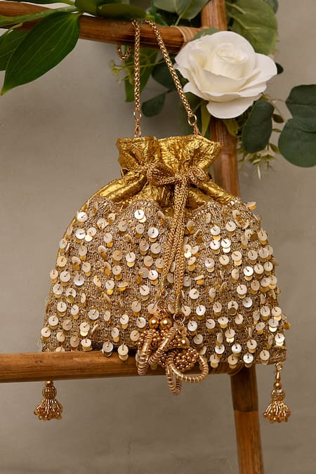 Bhavna Kumar_Gold Sequins Potli Bag With Sling Chain _Online_at_Aza_Fashions