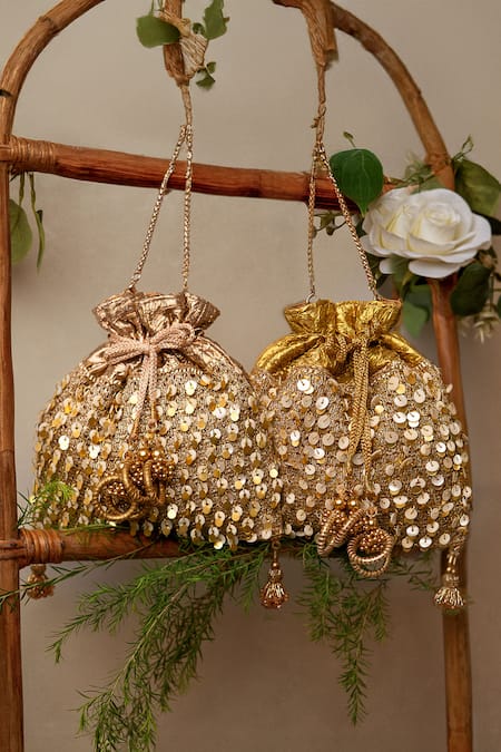 Shop_Bhavna Kumar_Gold Sequins Potli Bag With Sling Chain _Online_at_Aza_Fashions