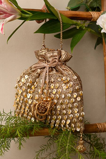 Bhavna Kumar_Rose Gold Sequins Potli Bag With Sling Chain_Online_at_Aza_Fashions