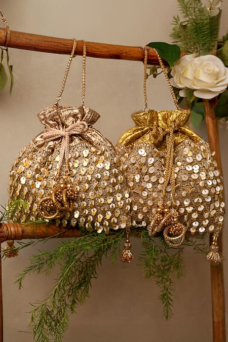 Buy_Bhavna Kumar_Rose Gold Sequins Potli Bag With Sling Chain_Online_at_Aza_Fashions
