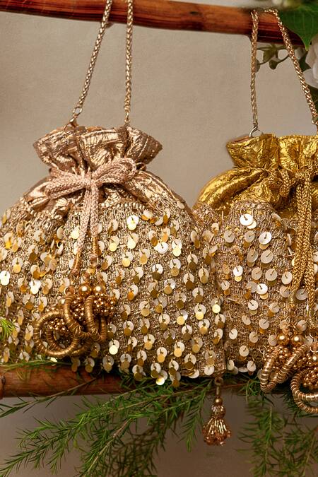 Shop_Bhavna Kumar_Rose Gold Sequins Potli Bag With Sling Chain_Online_at_Aza_Fashions