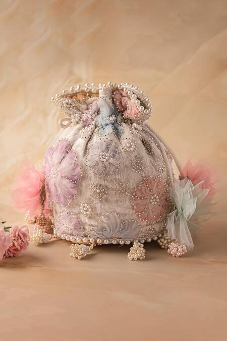 Buy_Bhavna Kumar_Blush Embroidery, Pearls, Tassels Pink Potli Bag_Online_at_Aza_Fashions