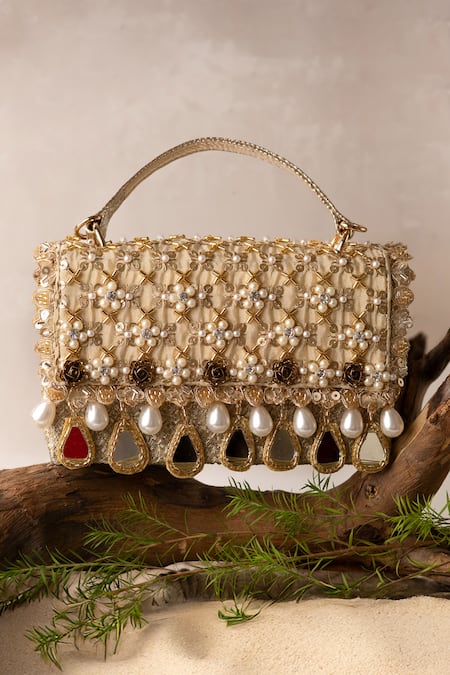 Bhavna Kumar Gold Embroidery, Pearls, Mirrors Clutch Bag 