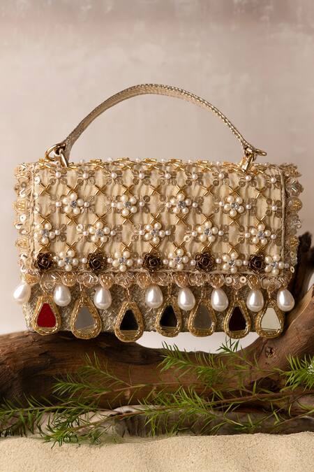 Buy_Bhavna Kumar_Gold Embroidery, Pearls, Mirrors Clutch Bag_Online_at_Aza_Fashions