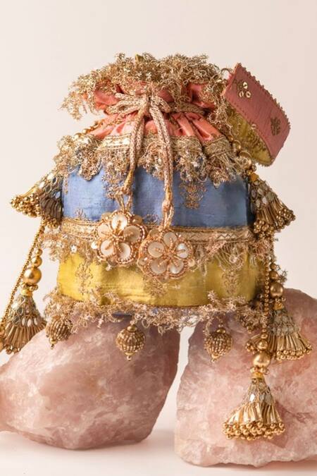 Bhavna Kumar_Multi Color Embroidery, Tassels Multicolor Silk Potli Bag_Online_at_Aza_Fashions