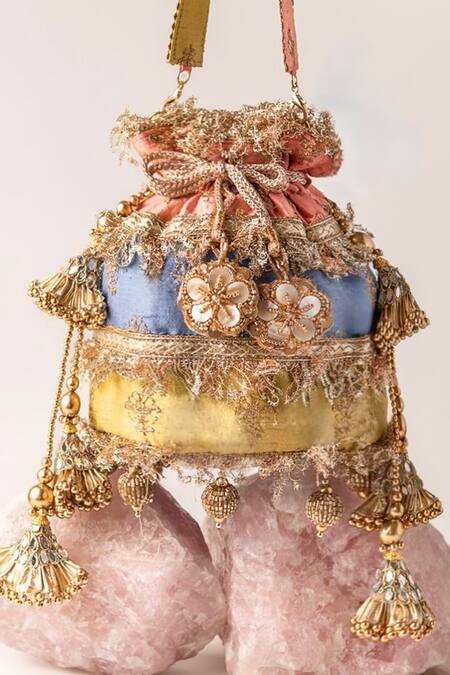 Buy_Bhavna Kumar_Multi Color Embroidery, Tassels Multicolor Silk Potli Bag_Online_at_Aza_Fashions