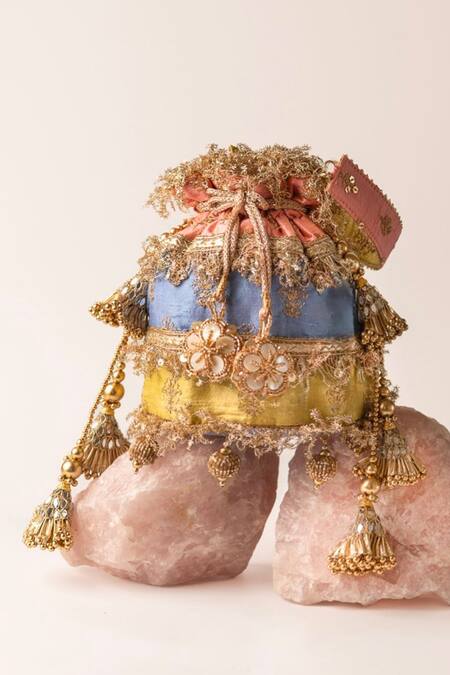 Shop_Bhavna Kumar_Multi Color Embroidery, Tassels Multicolor Silk Potli Bag_Online_at_Aza_Fashions