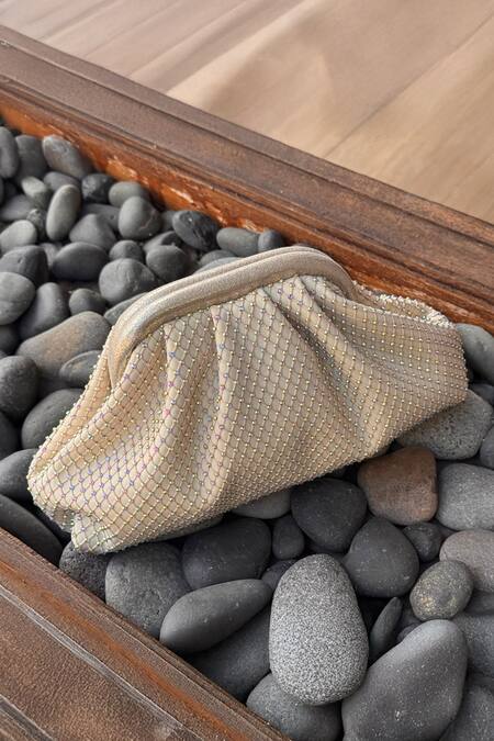 Buy_Bhavna Kumar_Beige Rhinestones Puff Clutch Bag _Online_at_Aza_Fashions