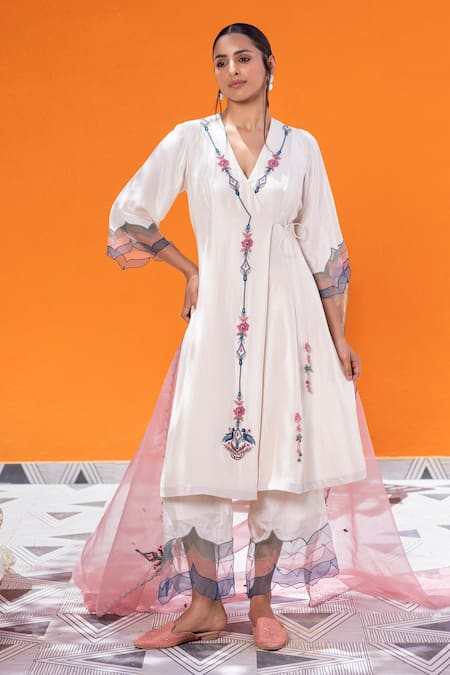 Buy_Janki India_Ivory Chanderi Embroidery V-neck Angrakha Set _Online_at_Aza_Fashions