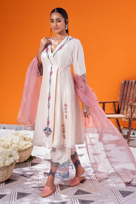 Shop_Janki India_Ivory Chanderi Embroidery V-neck Angrakha Set _Online_at_Aza_Fashions
