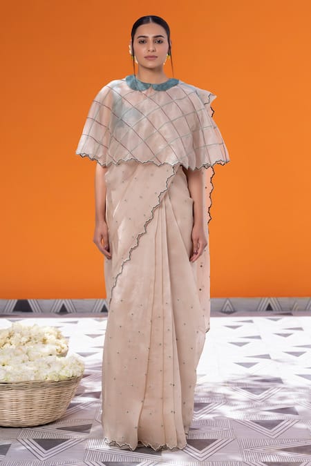 Janki India_Ivory Chanderi Embroidery Round Neck, Collared Organza Saree Set With Cape _Online_at_Aza_Fashions