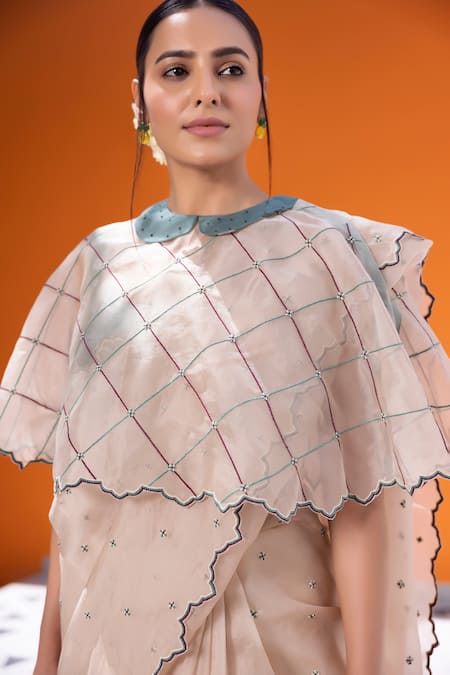 Shop_Janki India_Ivory Chanderi Embroidery Round Neck, Collared Organza Saree Set With Cape _Online_at_Aza_Fashions